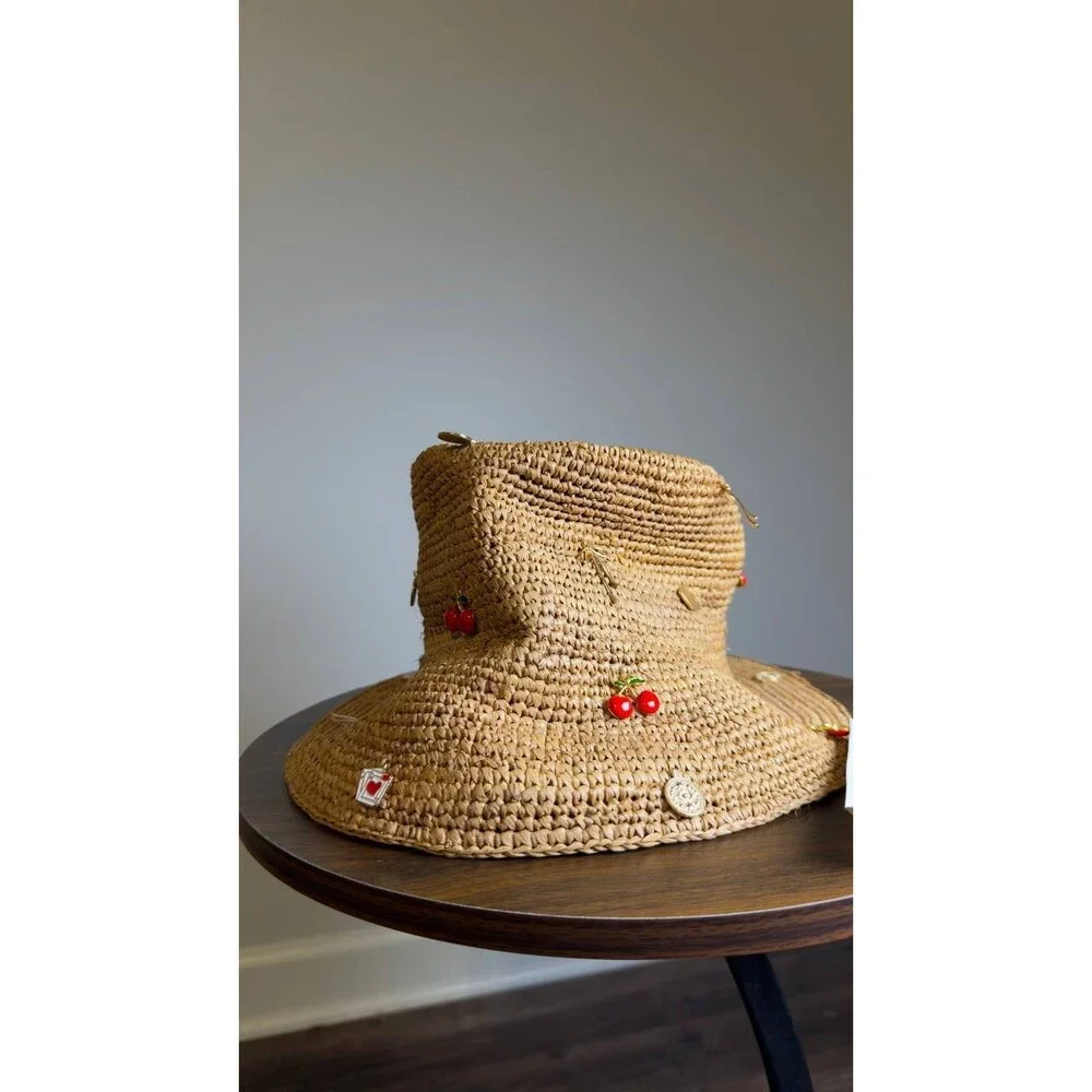 Aqua  Bucket  Hat  Tan  Raffia  One Size  New  $98